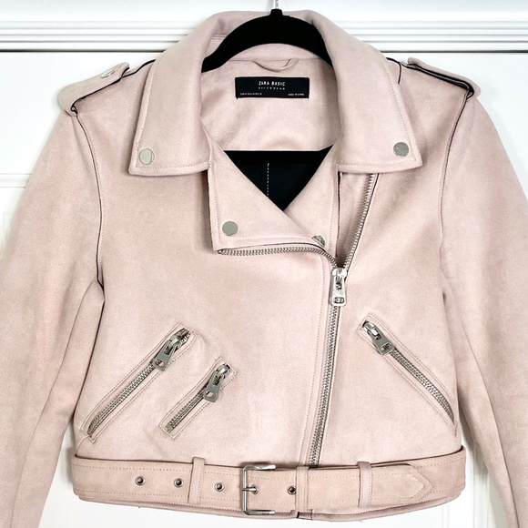 Zara Faux Suede Blush Pink Moto Jacket - Size M - Picture 7 of 9
